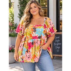 Emerald Floral Babydoll Top Womens 2X Orange Pink Blue Puff Sleeve